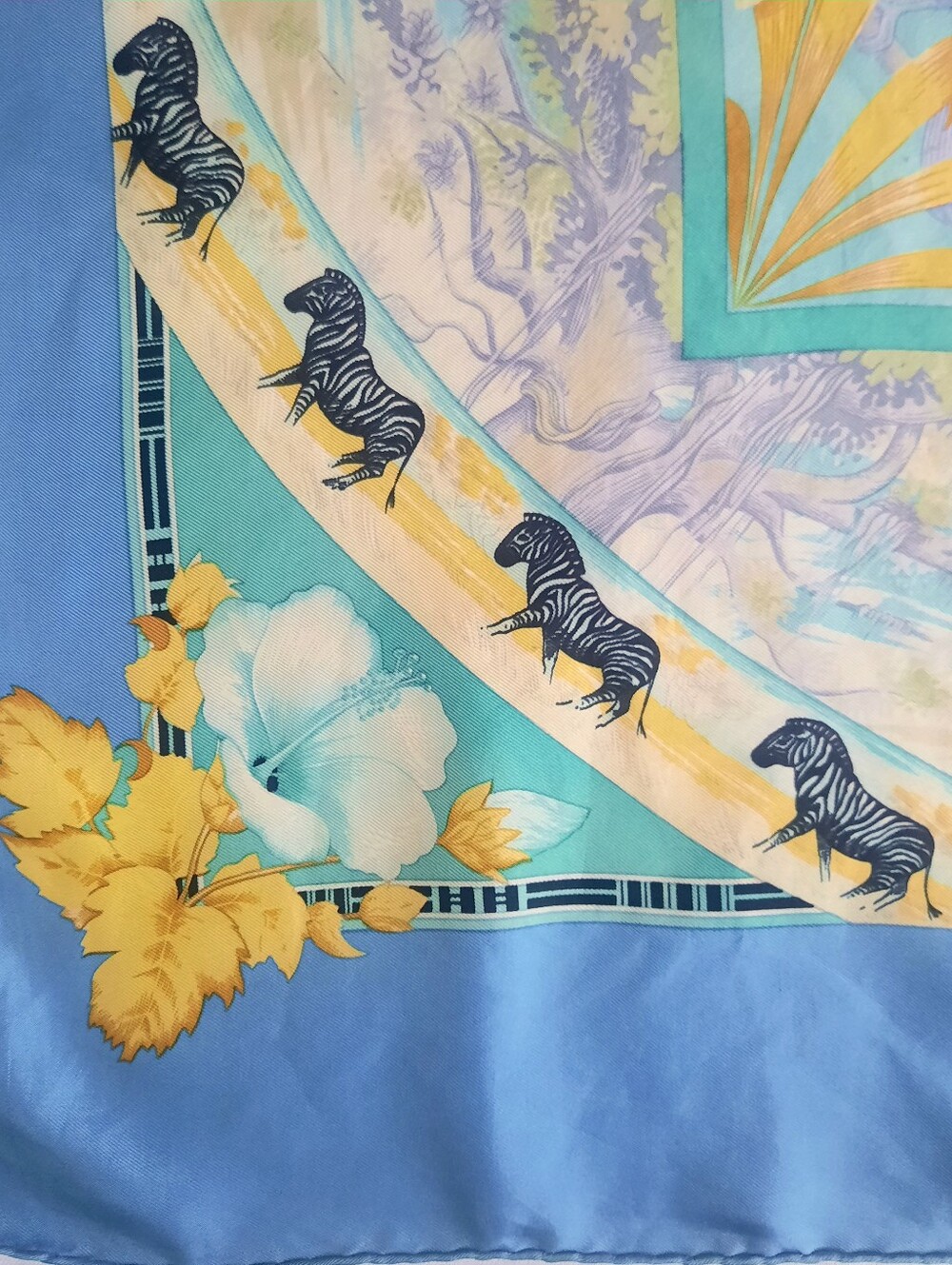 Vintage HERMÈS Tropiques Silk Twill Scarf 90cm Blue/Multi (Altered/Trim Added) - Picture 12 of 16